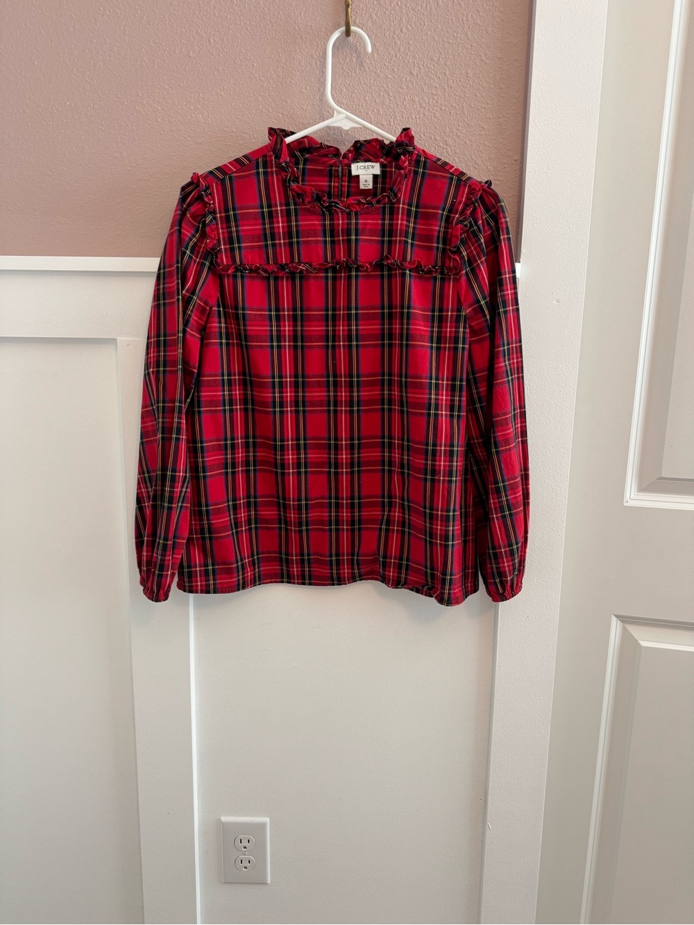 J Crew Red Tartan Plaid Cotton Ruffle High Neck Holiday Blouse Top